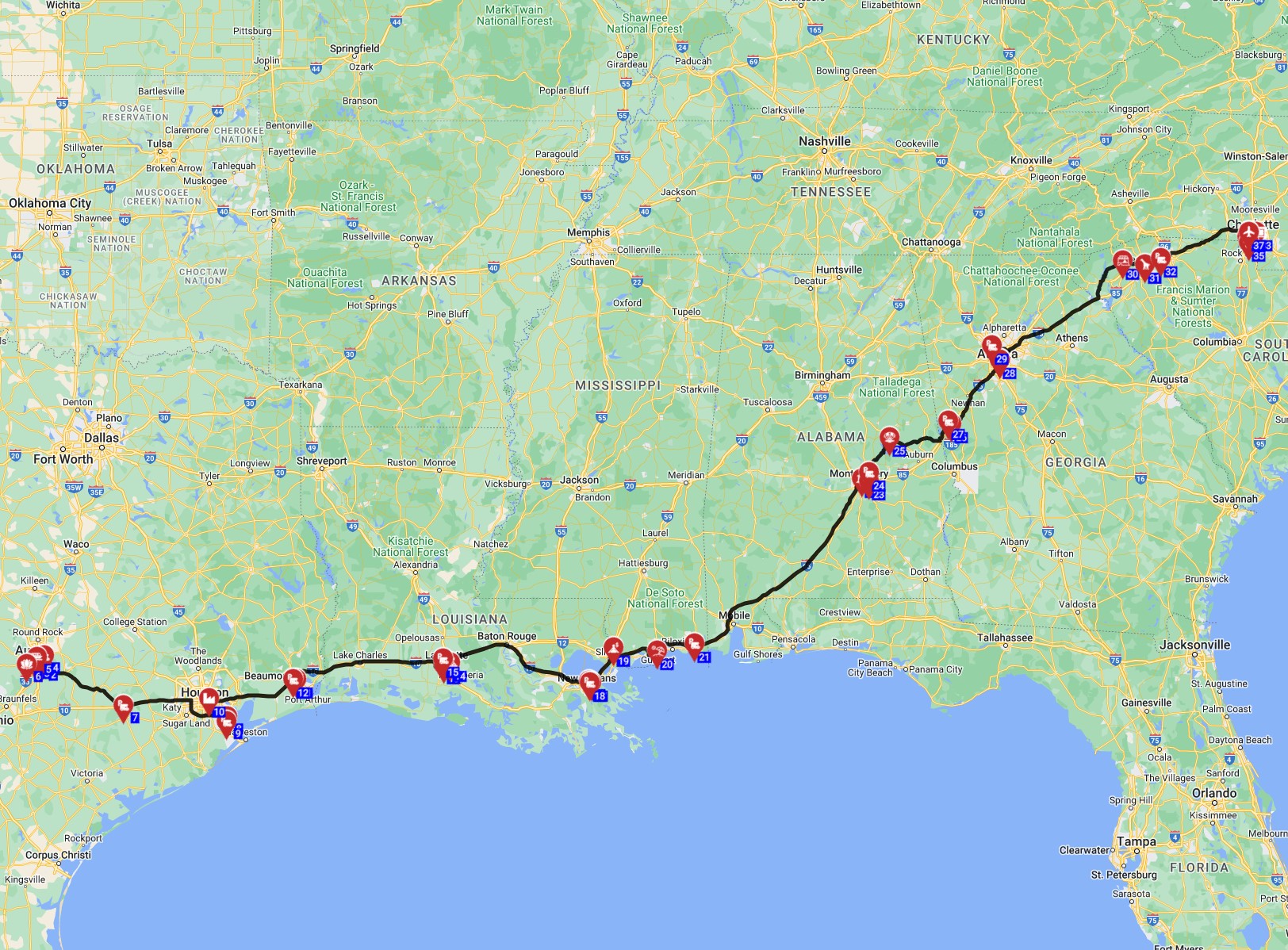 Map for Austin to Charlotte